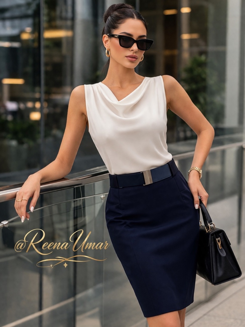 Esprit Navy Blue Tailored Pencil Skirt with Waist Accent – NWT
